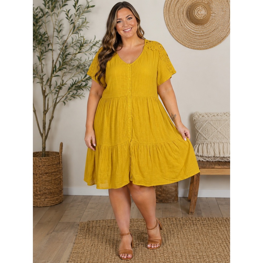 Just Found Mustard Yellow Tiered Babydoll Dress Crochet Lace Shoulder 1X Boho